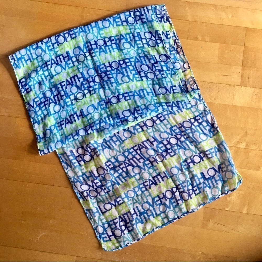 “HOPE FAITH LOVE” Scarf, White, Blue, Aqua, Lime Green